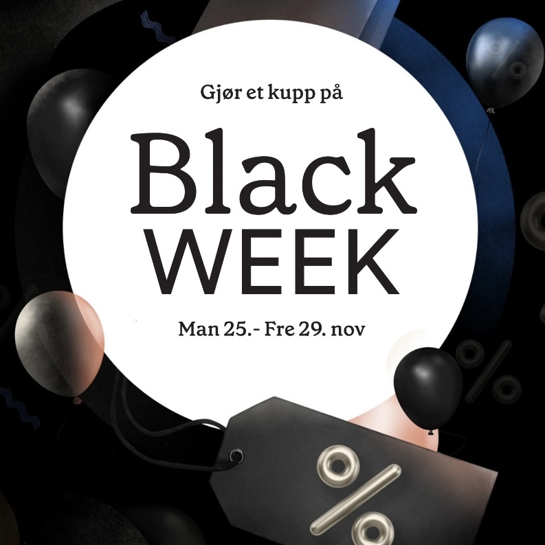 Reklamebilde for Black Week med teksten "Gjør et kupp på Black Week" plassert i en stor hvit sirkel mot en mørk bakgrunn. Under står datoene "Man 25.- Fre 29. nov". Designet har svarte og gullfargede ballonger, samt en prislapp med prosenttegn som skaper en stemning av eksklusive tilbud og kampanjer.